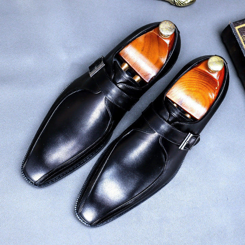 Men’s Buckle Strap Leather Dress Shoes – Retro Casual Slip-Ons | Pointed Toe & Wear-Resistant Sole