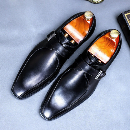 Men’s Buckle Strap Leather Dress Shoes – Retro Casual Slip-Ons | Pointed Toe & Wear-Resistant Sole