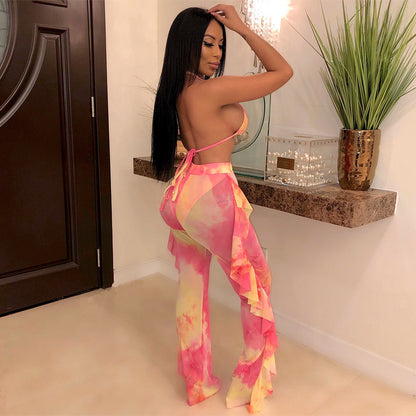 Ruffle Wave Tie-Dye Bikini Set – Festival Chic Wide-Leg Pant Look