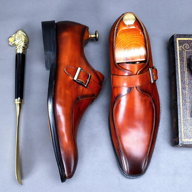 Men’s Buckle Strap Leather Dress Shoes – Retro Casual Slip-Ons | Pointed Toe & Wear-Resistant Sole