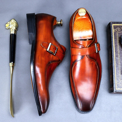 Men’s Buckle Strap Leather Dress Shoes – Retro Casual Slip-Ons | Pointed Toe & Wear-Resistant Sole