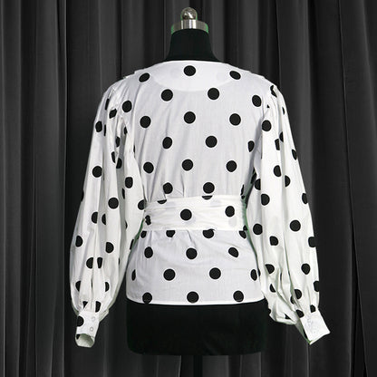 Polka Dot Wrap Blouse – Puff Sleeve Tie Waist Statement Top