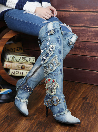 Women’s Distressed Denim Over-the-Knee Stiletto Boots with Belt Buckles & Beaded Accents