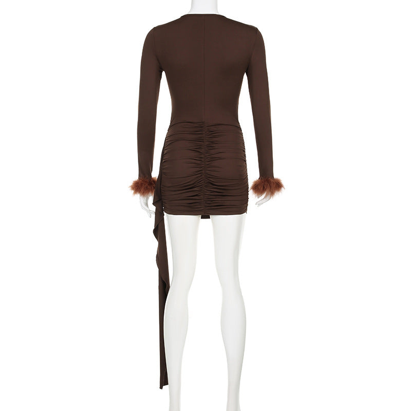 Glam Cutout Bodycon Mini Dress – Brown Long Sleeve Fur Cuff Ruffle Hem