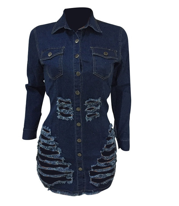 Women’s Shredded Button-Down Denim Mini Dress – Fitted Long Sleeve Casual Streetwear