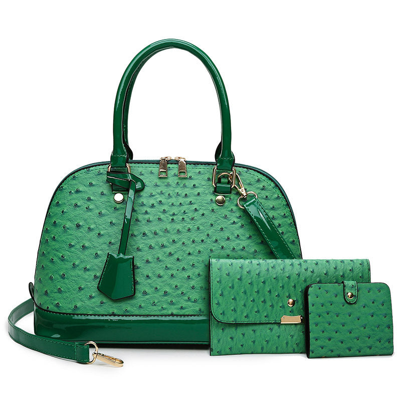 Women’s 3-Piece Ostrich Pattern Handbag Set – Retro Shell Tote, Clutch & Wallet