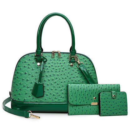 Women’s 3-Piece Ostrich Pattern Handbag Set – Retro Shell Tote, Clutch & Wallet