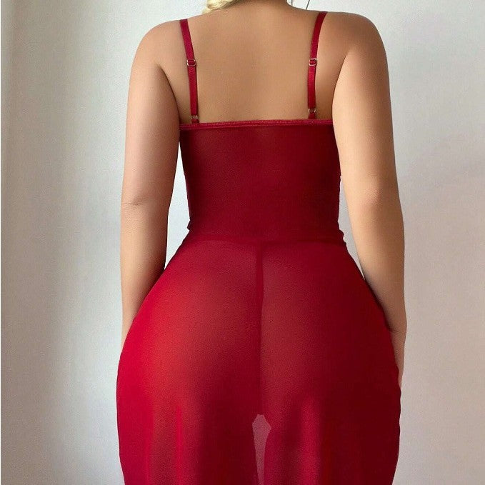 Sexy Lace Cutout Sheer Mesh Pajamas Jumpsuit Lingerie Set – Lace-Up Backless Sleepwear