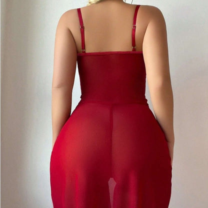 Sexy Lace Cutout Sheer Mesh Pajamas Jumpsuit Lingerie Set – Lace-Up Backless Sleepwear