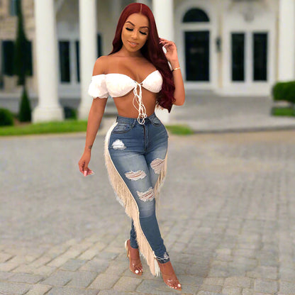 Wild Fringe Denim Jeans – Distressed High-Waist with Ruffle Drama