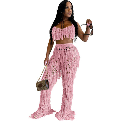 Women's See-Through Crochet Tassel Beach Set – 2-Piece Knitted Cover-Up Suit