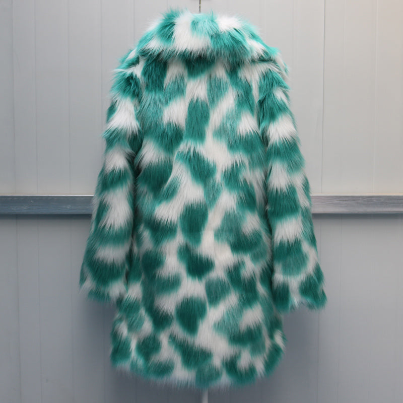 Women’s Luxe Faux Fur Statement Coat – Bold Teal & Pink Cloud Pattern