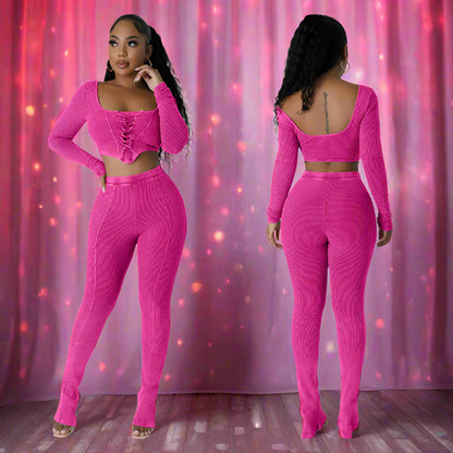 City Sleek Backless Two-Piece Set – Square Neck Top & Skinny Pencil Trousers