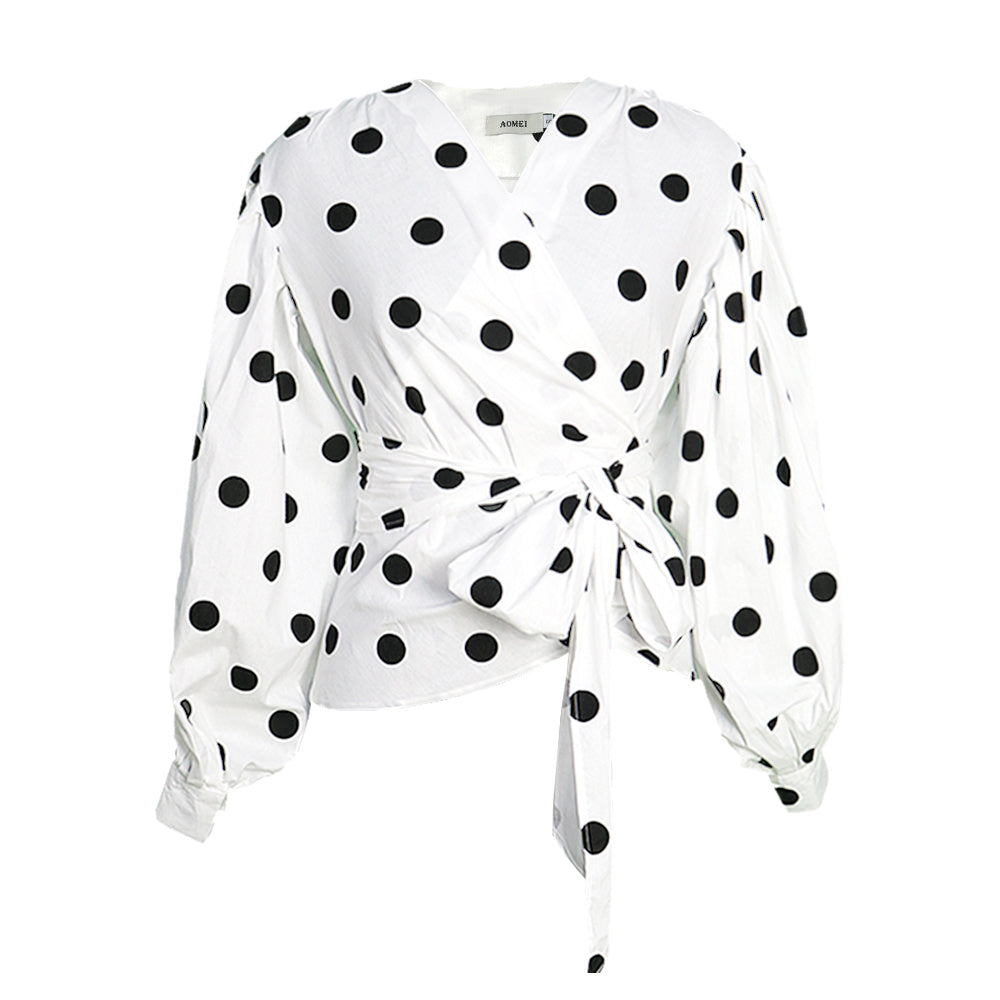 Polka Dot Wrap Blouse – Puff Sleeve Tie Waist Statement Top