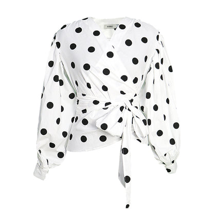 Polka Dot Wrap Blouse – Puff Sleeve Tie Waist Statement Top