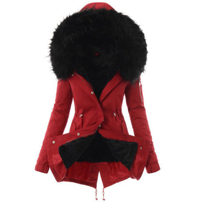 Women’s Fur Collar Cotton Jacket – Hooded Winter Warm Coat