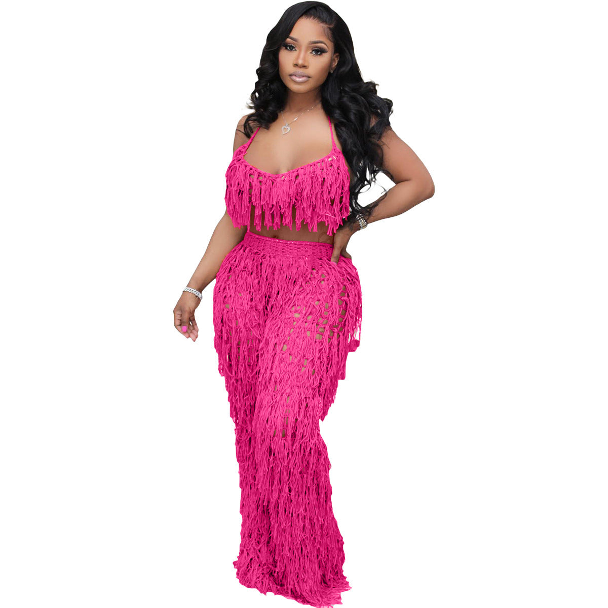 Women's See-Through Crochet Tassel Beach Set – 2-Piece Knitted Cover-Up Suit