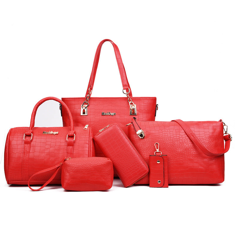 6-Piece Croc-Embossed Luxury Handbag Set – Tote, Satchel, Shoulder & Accessories