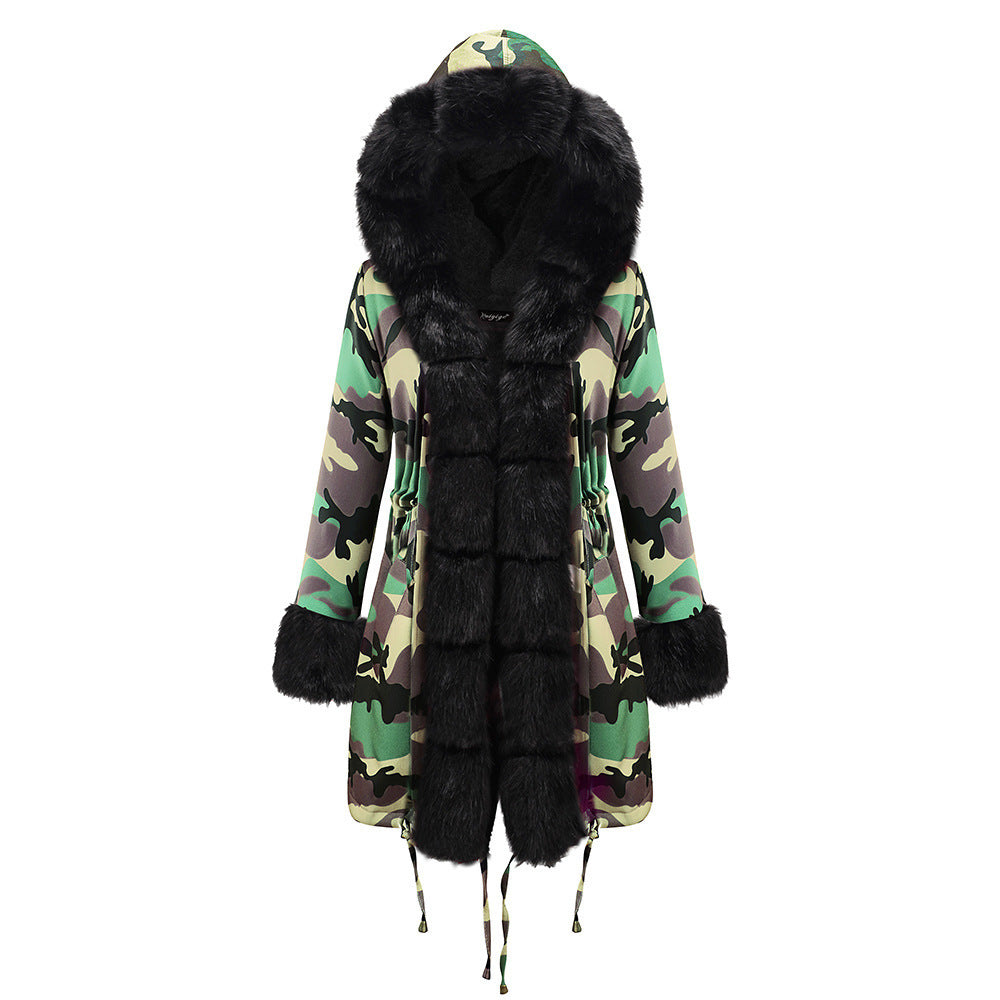 Women’s Hooded Cotton Jacket with Fur Collar – Winter Warm Long Coat