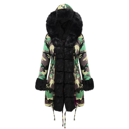 Women’s Hooded Cotton Jacket with Fur Collar – Winter Warm Long Coat