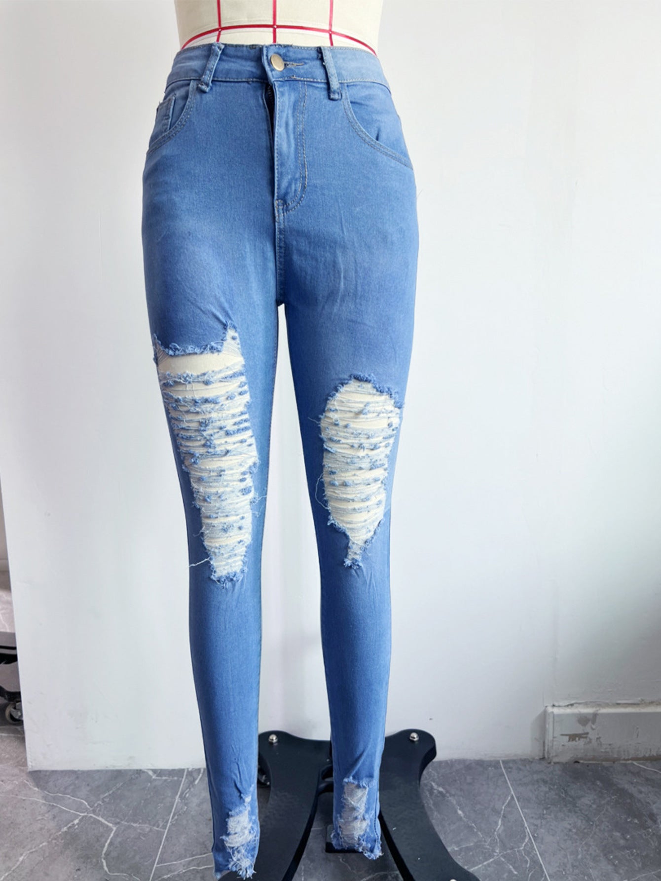 👖 High Waist Ripped Denim Skinny Jeans for Women – Stretch Fit, Blue Wash