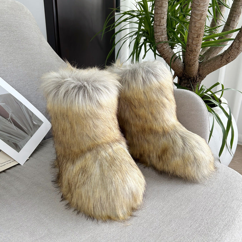 Luxury Raccoon Fur Plush Snow Boots – Women’s Faux Fur Short Tube Winter Warm Boots