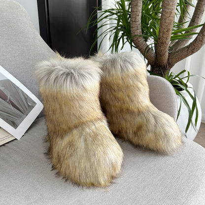 Luxury Raccoon Fur Plush Snow Boots – Women’s Faux Fur Short Tube Winter Warm Boots