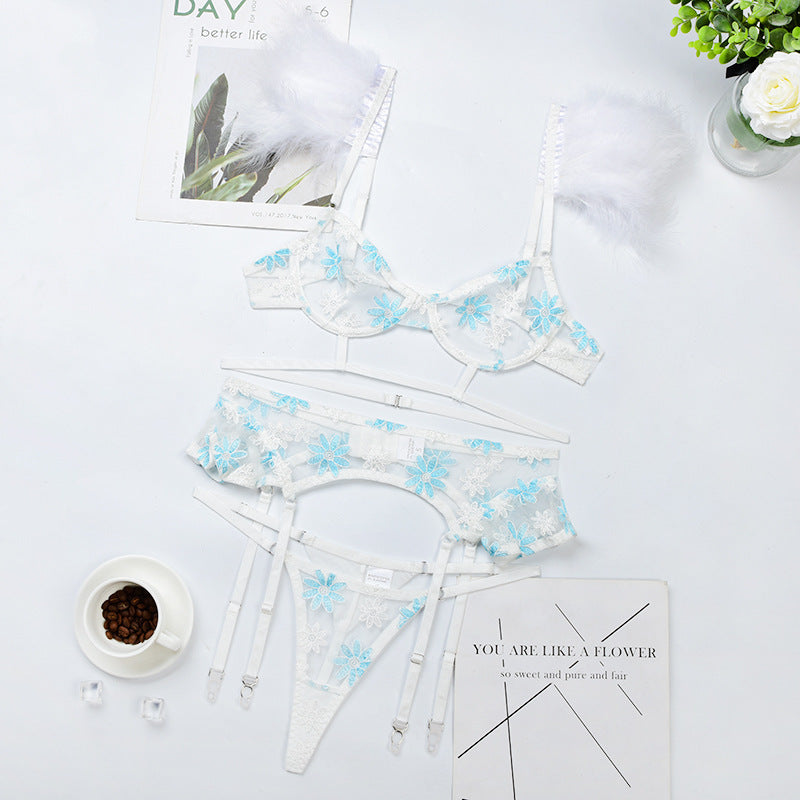 Heaven Sent Embroidered Lingerie Set – Floral Mesh Garter Fantasy