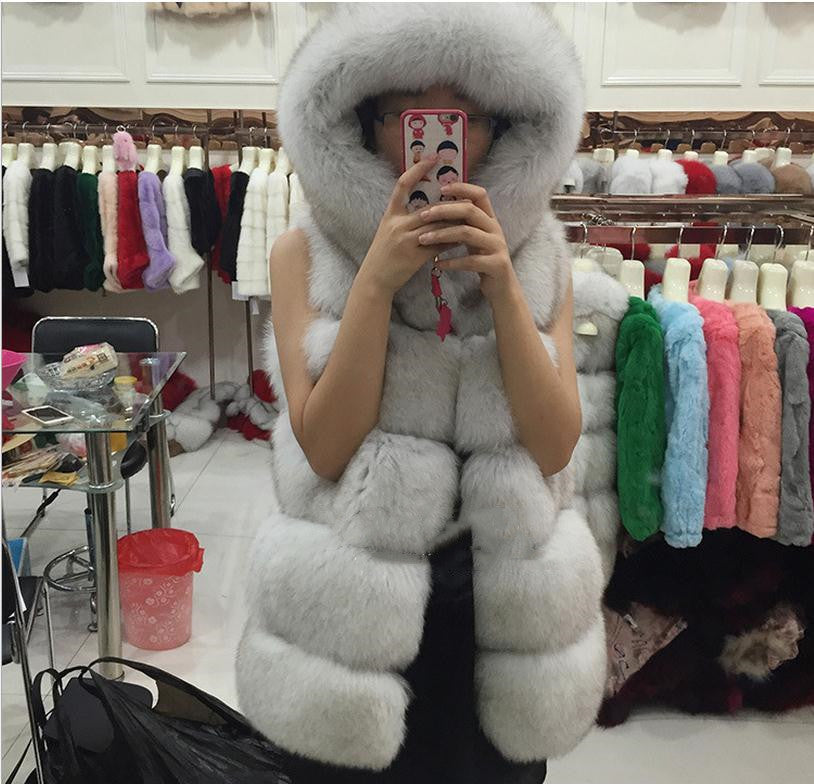 Hooded Faux Fox Fur Vest – Women’s Sleeveless Waistcoat Jacket