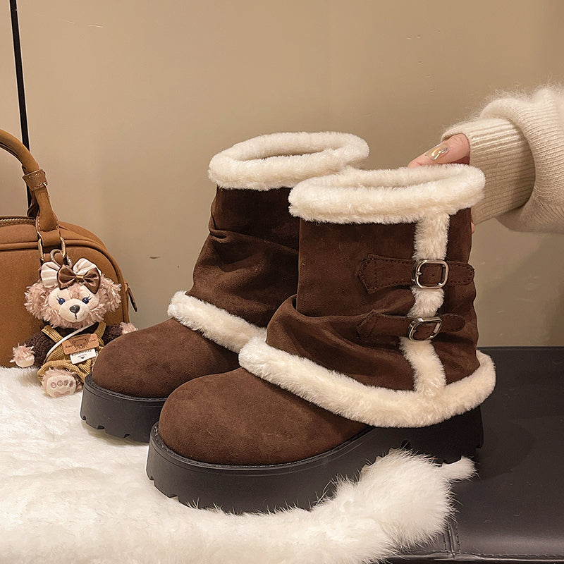 Women’s Suede Fur-Lined Winter Buckle Boots | Thick Sole Cozy Snow Ankle Boots