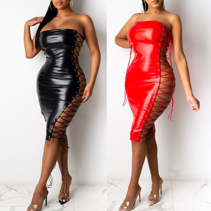 Women's Faux Leather Lace-Up Bodycon Midi Dress – Strapless Clubwear in Red & Black