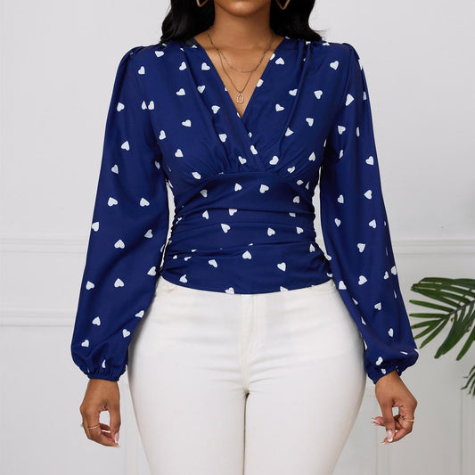 Navy Heart Print V-Neck Ruched Long Sleeve Blouse