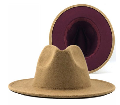 Two-Tone Wool Felt Fedora – Olive Green & Red Wide Brim Jazz Hat