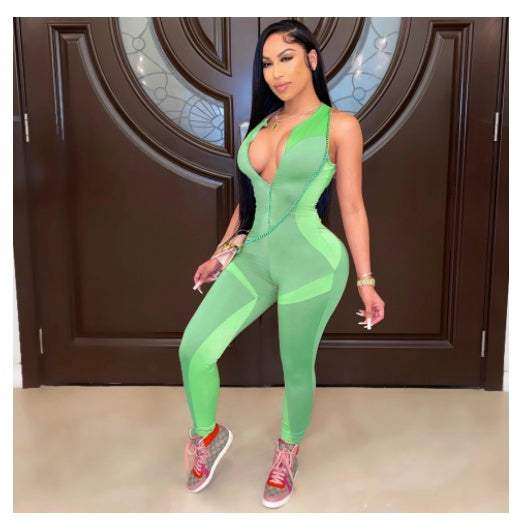 Glam Fit Colorblock Zipper Front Sleeveless Yoga Jumpsuit