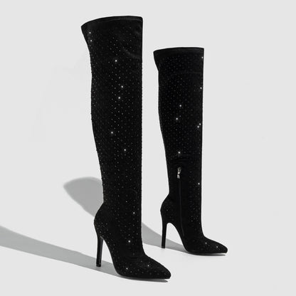 Luxury Pointed Toe Rhinestone Stiletto Over-the-Knee Boots – Suede Side Zipper High Heels for Women