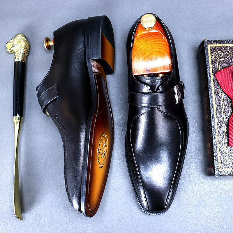 Men’s Buckle Strap Leather Dress Shoes – Retro Casual Slip-Ons | Pointed Toe & Wear-Resistant Sole