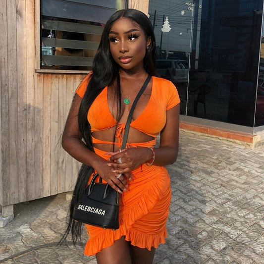 🧡 Flirt & Finesse Cutout Ruffle Mini Dress – Sunset Edition