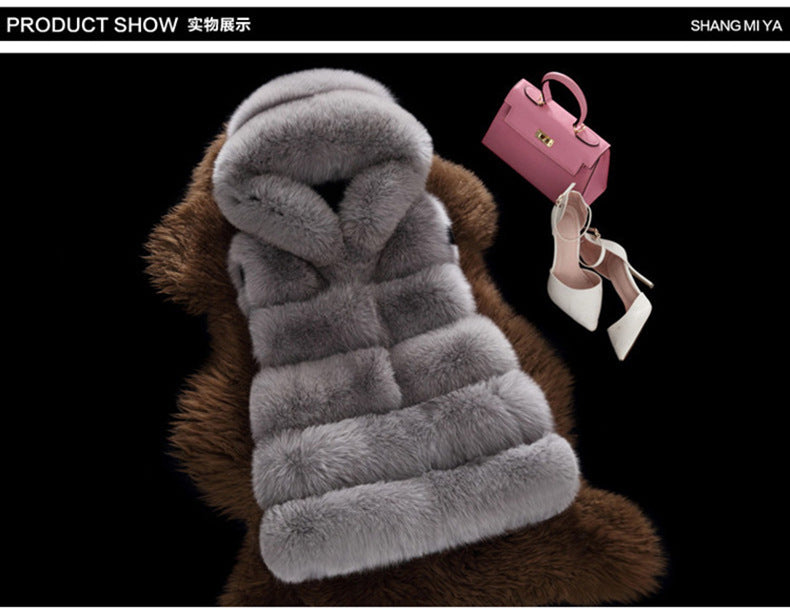 Hooded Faux Fox Fur Vest – Women’s Sleeveless Waistcoat Jacket