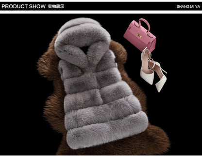 Hooded Faux Fox Fur Vest – Women’s Sleeveless Waistcoat Jacket