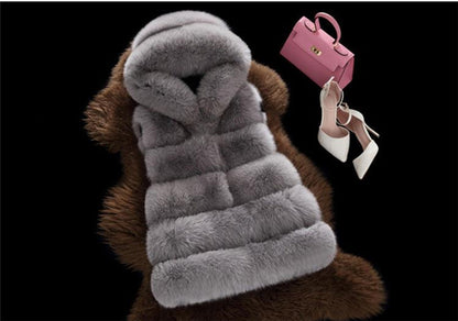 Hooded Faux Fox Fur Vest – Women’s Sleeveless Waistcoat Jacket