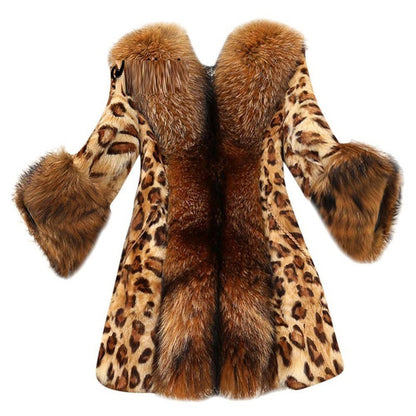 Luxury Leopard Print Faux Fur Coat – Mid-Length Winter Jacket with Fluffy Cuffs & V-Neck for Women