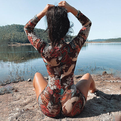 Floral Fantasy Mesh Long Sleeve Romper – Brown Oriental Print Bodysuit