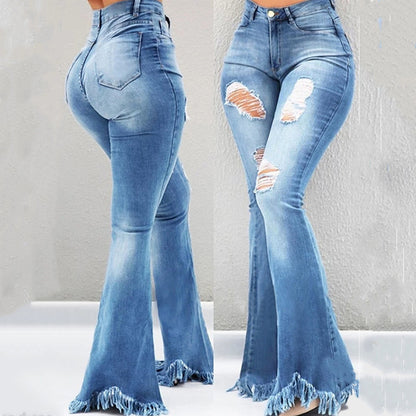Fringe Flare Ripped High-Waist Slim Fit Denim Jeans