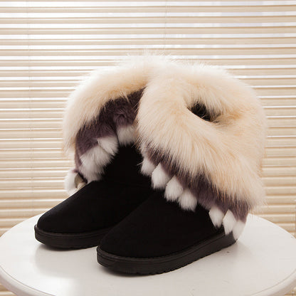 Women’s Faux Fox Fur Winter Snow Boots – Thick-Soled Non-Slip Fashion Boots