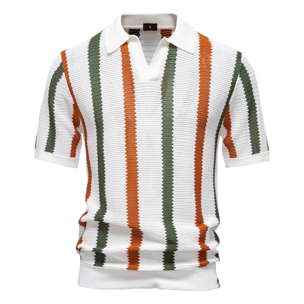 Men’s Summer Hollow Knit Polo Shirt – Breathable Striped Short Sleeve Top
