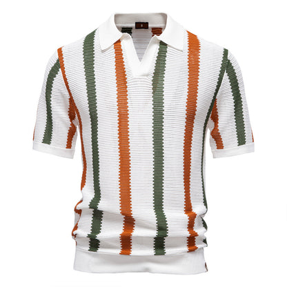 Men’s Summer Hollow Knit Polo Shirt – Breathable Striped Short Sleeve Top