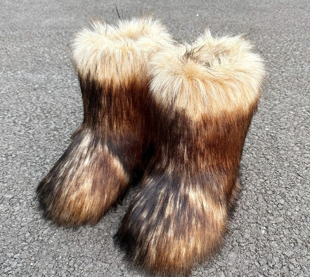 Luxury Raccoon Fur Plush Snow Boots – Women’s Faux Fur Short Tube Winter Warm Boots