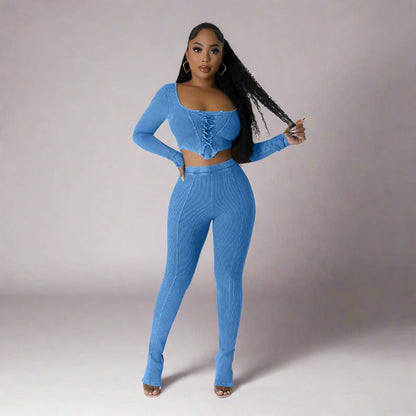 City Sleek Backless Two-Piece Set – Square Neck Top & Skinny Pencil Trousers