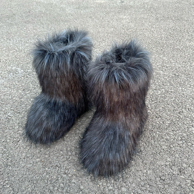 Luxury Raccoon Fur Plush Snow Boots – Women’s Faux Fur Short Tube Winter Warm Boots