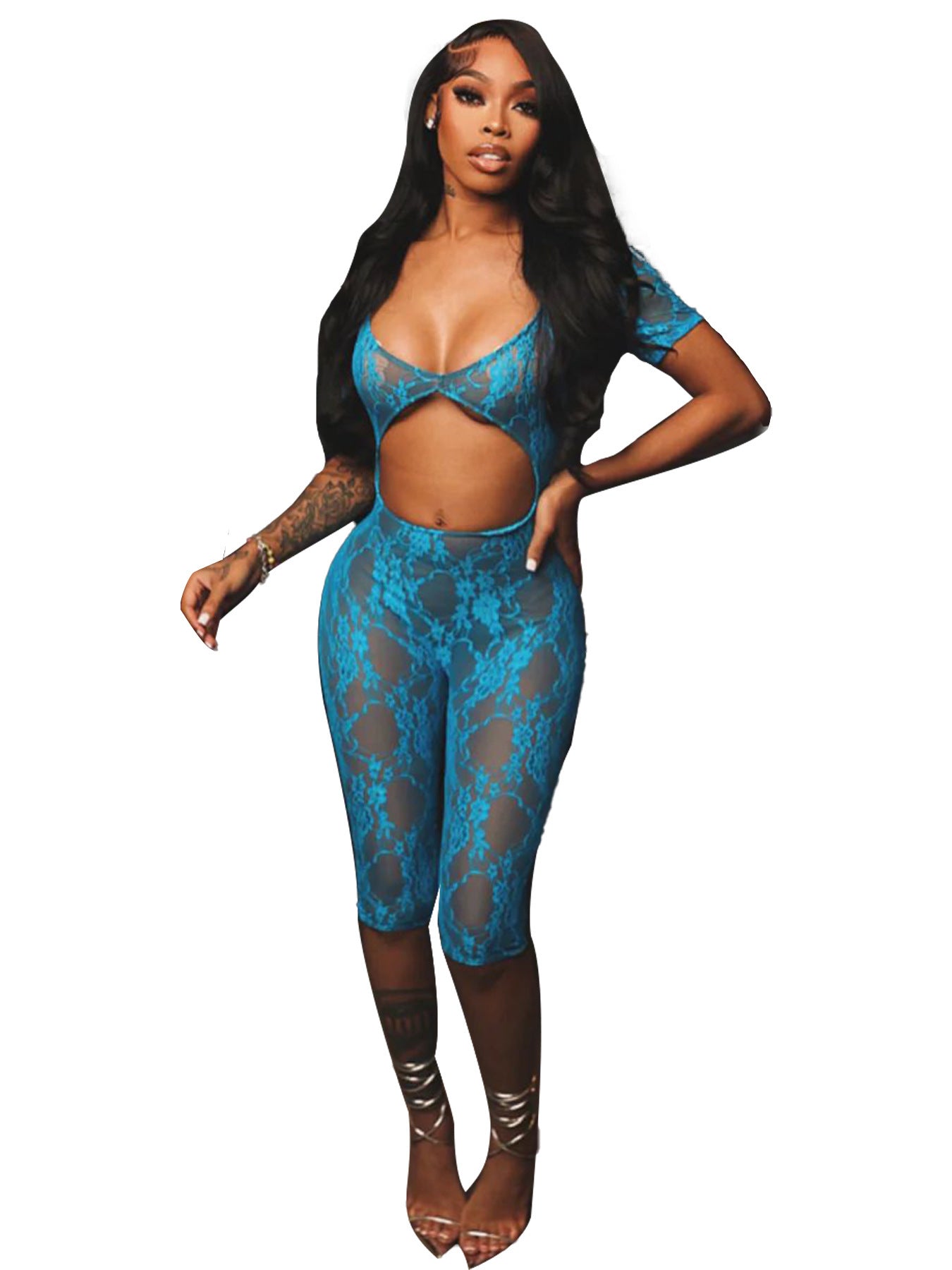 🖤 Lace U-Neck Cropped Jumpsuit – Long Sleeve High Stretch One-Piece